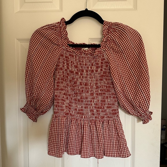 MAX STUDIO / SMOCKED BALLOON SLEEVE PEPLUM BLOUSE / SMALL / RED + CREAM - Picture 1 of 3